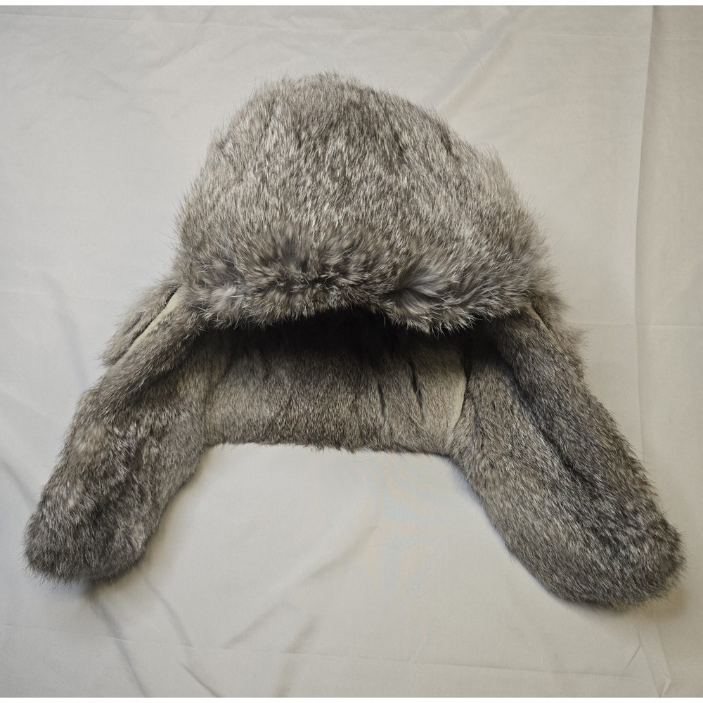 Mad Bomber Trapper Aviator Hat Gray Real Rabbit Fur Khaki Tan Canvas Size Large